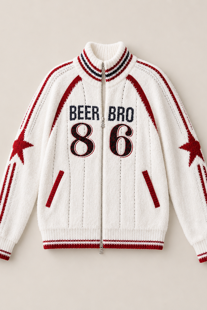 Mingstreet ASC launch still-life | BEERBRO | Varsity Patch Zip Up Cardigan | Off-White | ready_now_uncrumpled_replacement