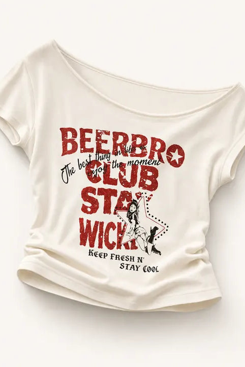 Mingstreet ASC launch still-life | BEERBRO | Off Shoulder Graphic Crop Top | White | ready_now_existing_asset