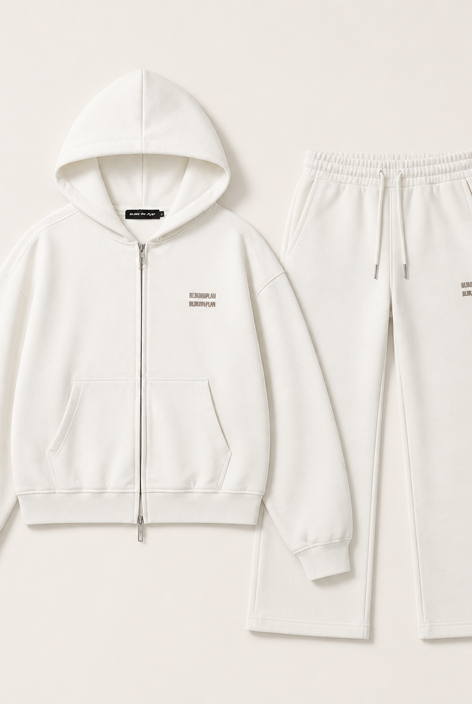 Mingstreet ASC launch still-life | BLINDNOPLAN | Metallic Logo Zip Hoodie Pants Set | White | generated_extra_ready_product_colorway