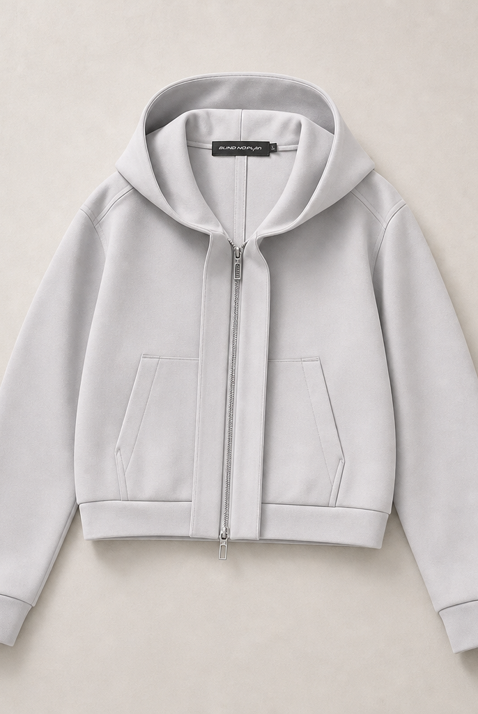 Mingstreet ASC launch still-life | BLINDNOPLAN | Cropped Zip Up Hoodie with Structured Trim | Gray | ready_now_uncrumpled_replacement