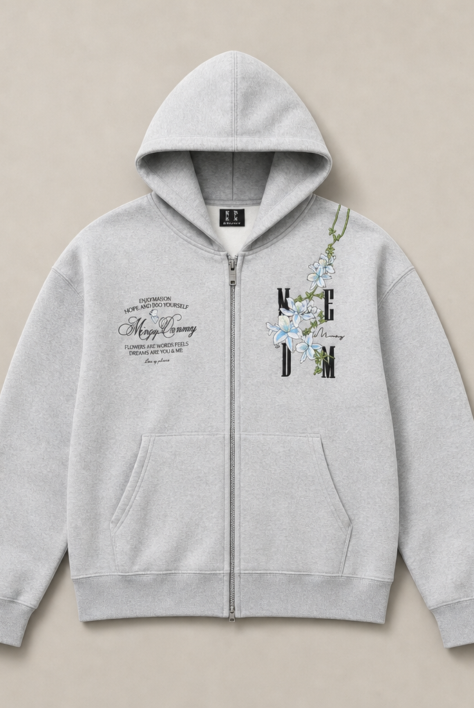 Mingstreet ASC launch still-life | MEDM | Floral Embroidered Zip Up Hoodie | Gray | ready_now_uncrumpled_replacement