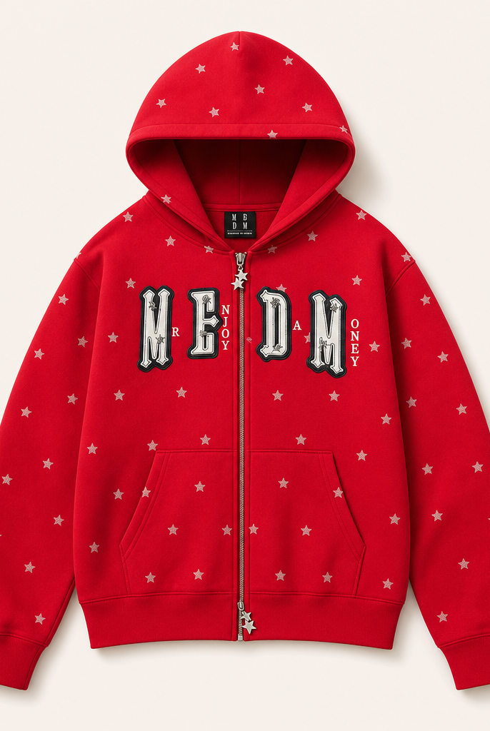 Mingstreet ASC launch still-life | MEDM | Fleece Lined Star Print Zip Hoodie | Red | ready_now_uncrumpled_replacement