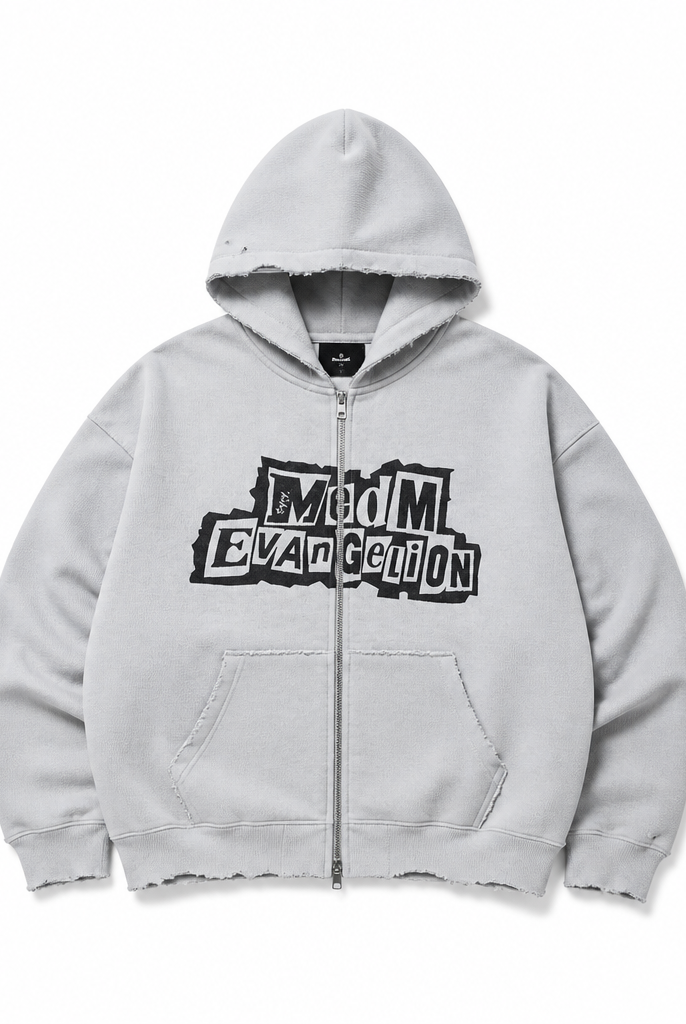 Mingstreet ASC launch still-life | MEDM | Evangelion Distressed Zip Up Hoodie | Gray | generated_extra_ready_product_colorway