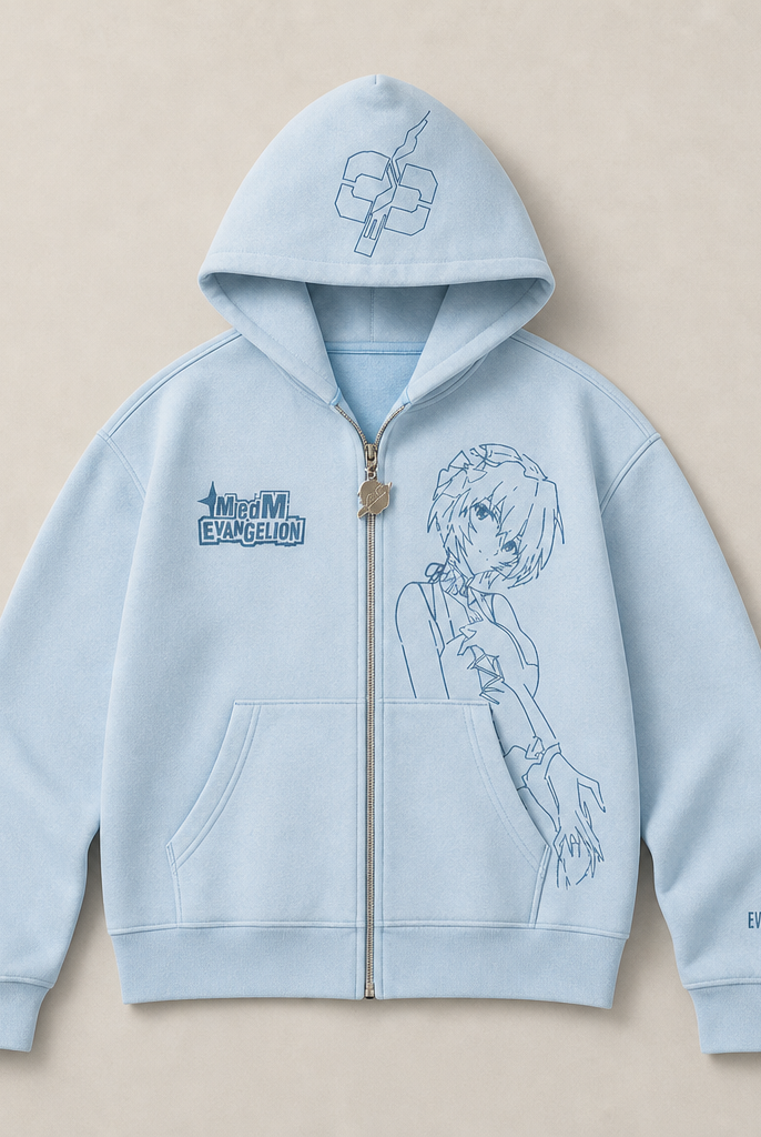 Mingstreet ASC launch still-life | MEDM | Evangelion Distressed Zip Up Hoodie | Sky Blue | ready_now_uncrumpled_replacement