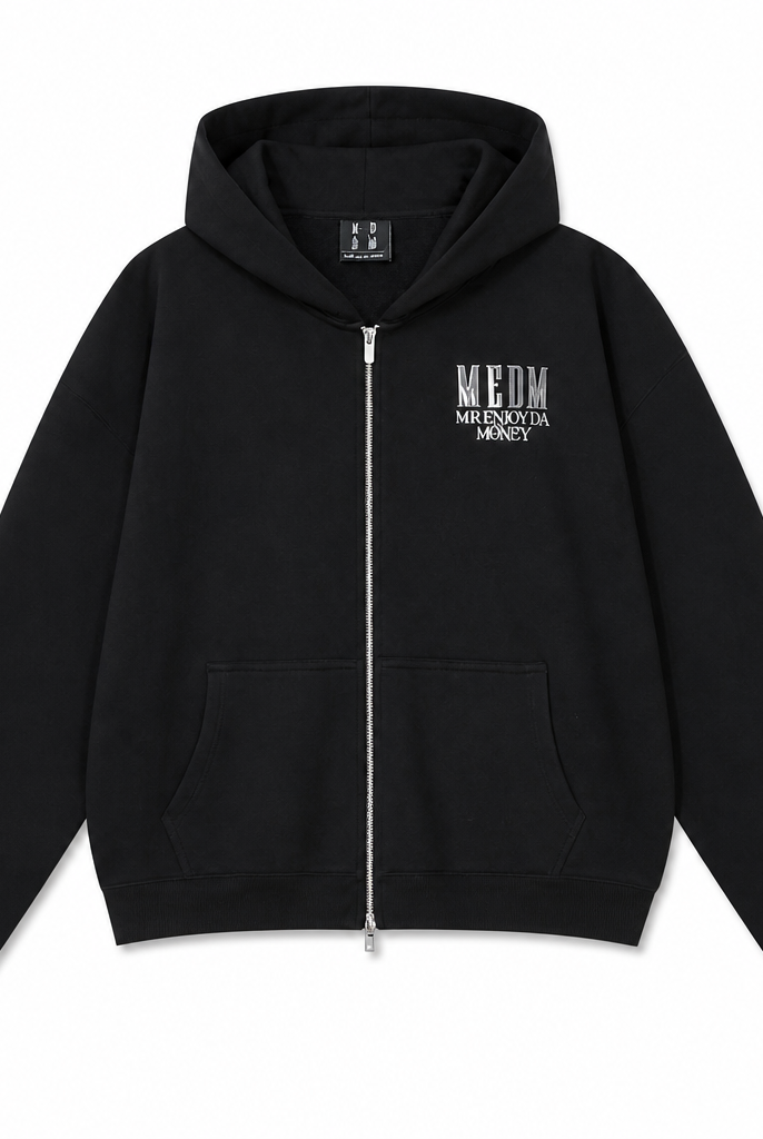 Mingstreet ASC launch still-life | MEDM | 3D Logo Two Way Zip Cotton Hoodie | Black | generated_extra_ready_product_colorway