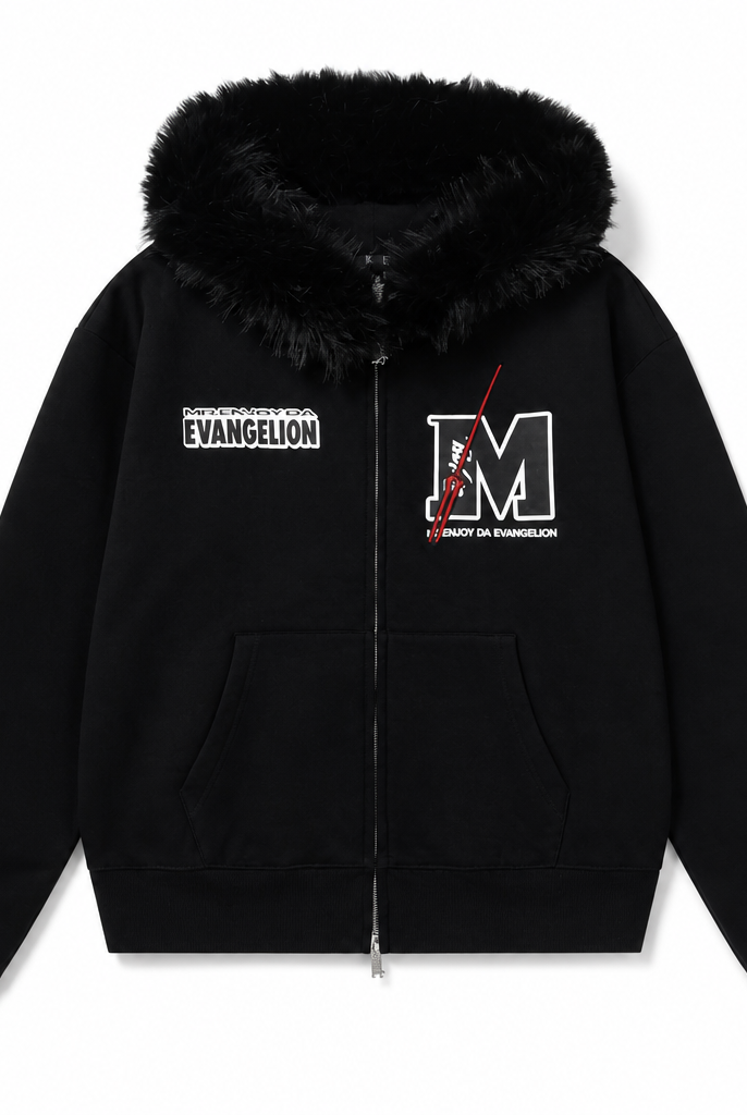 Mingstreet ASC launch still-life | MEDM | Faux Fur Trimmed Graphic Zip Hoodie | Black | generated_extra_ready_product_colorway