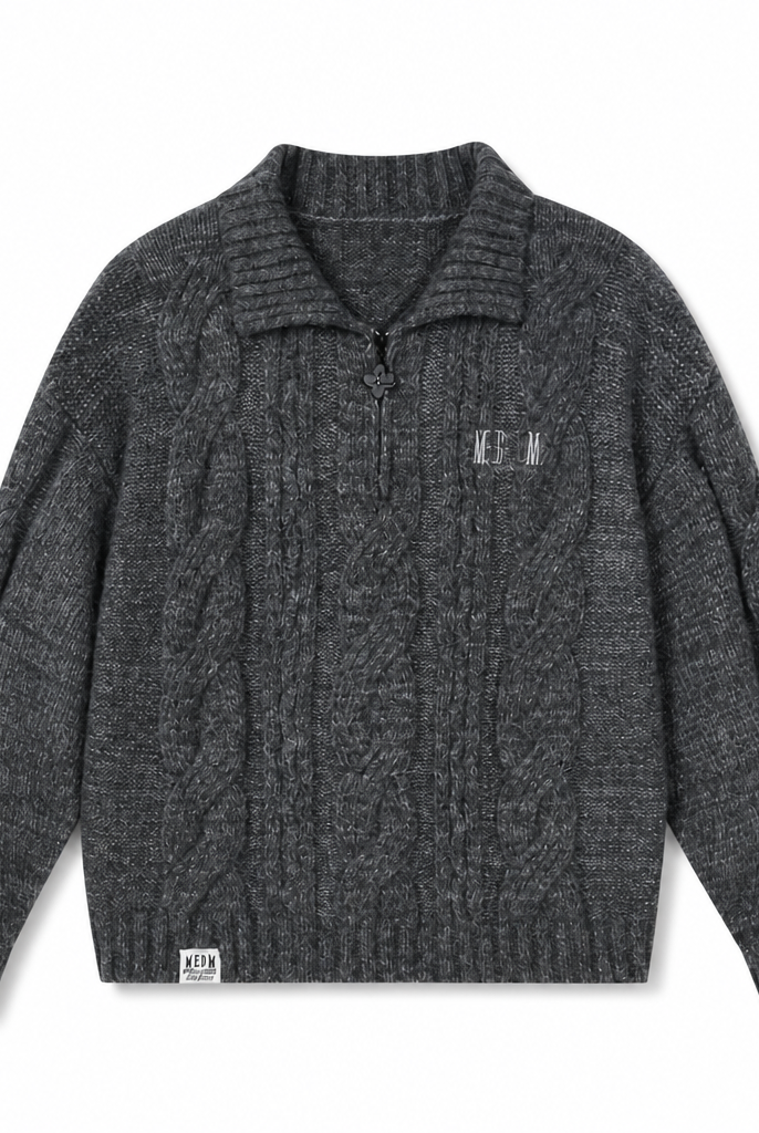 Mingstreet ASC launch still-life | MEDM | Cable Knit Quarter Zip Sweater | Gray | generated_extra_ready_product_colorway