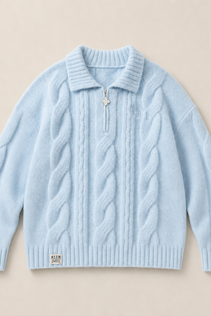 Mingstreet ASC launch still-life | MEDM | Cable Knit Quarter Zip Sweater | Sky Blue | ready_now_uncrumpled_replacement
