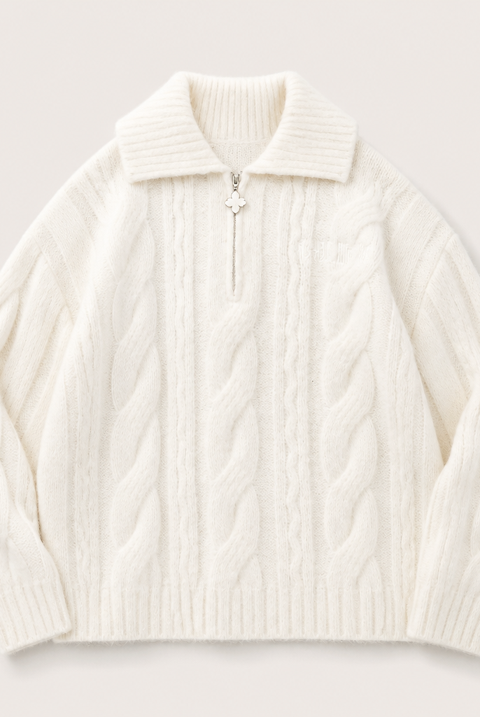 Mingstreet ASC launch still-life | MEDM | Cable Knit Quarter Zip Sweater | White | generated_extra_ready_product_colorway