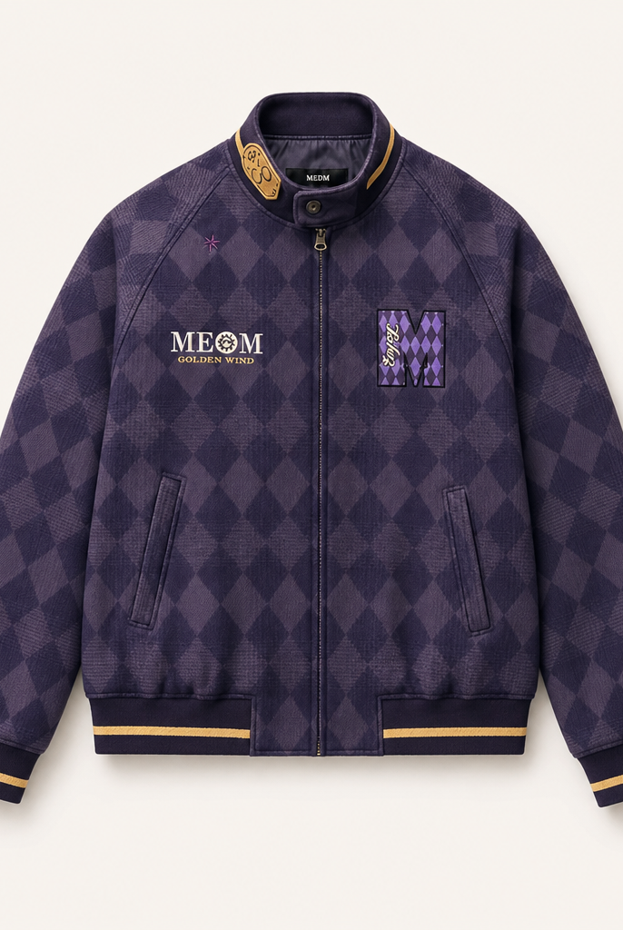 Mingstreet ASC launch still-life | MEDM | Embroidered JoJo Plaid Bomber Jacket | Purple | ready_now_uncrumpled_replacement