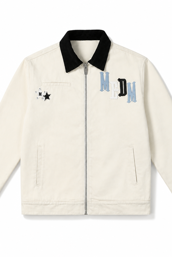 Mingstreet ASC launch still-life | MEDM | Leather Paneled Cotton Detroit Jacket | Cream | generated_extra_ready_product_colorway