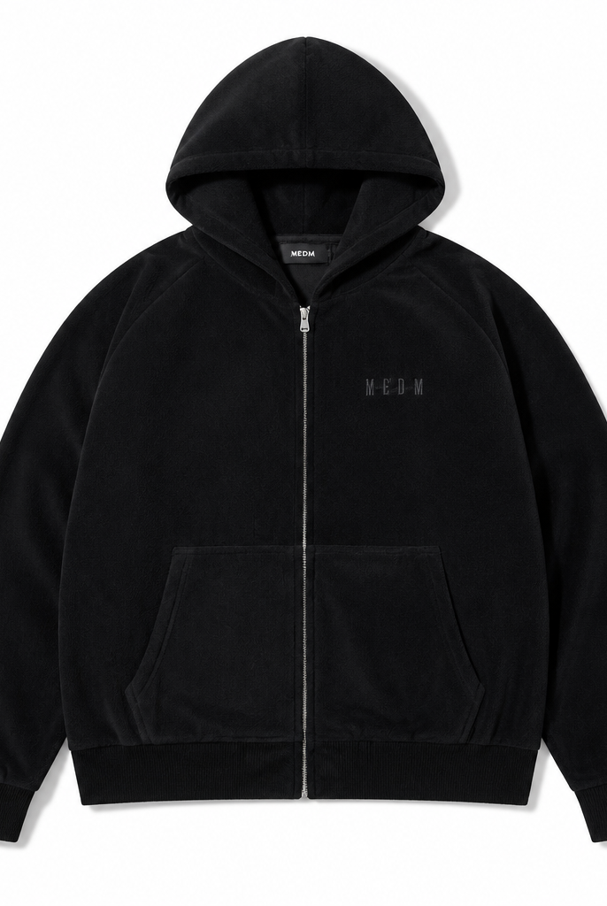 Mingstreet ASC launch still-life | MEDM | Polar Fleece Zip Up Hoodie | Black | generated_extra_ready_product_colorway