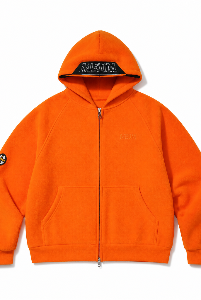 Mingstreet ASC launch still-life | MEDM | Polar Fleece Zip Up Hoodie | Orange | generated_extra_ready_product_colorway