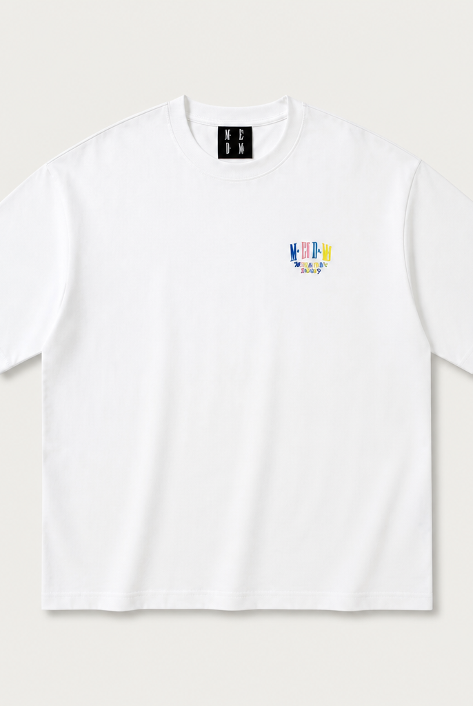 Mingstreet ASC launch still-life | MEDM | Letter Embroidery Cotton T Shirt | White | generated_extra_ready_product_colorway