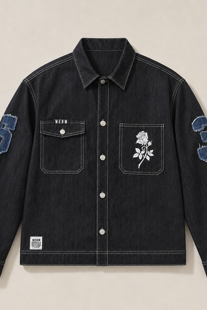 Mingstreet ASC launch still-life | MEDM | Lyocell Blend Logo Patch Denim Jacket | Denim | ready_now_uncrumpled_replacement