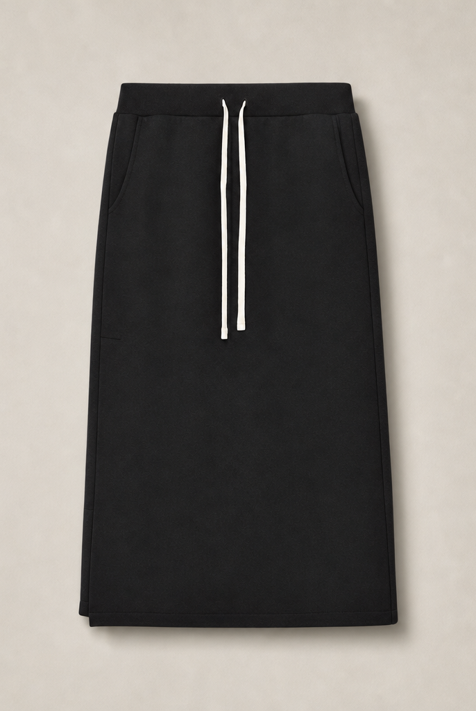 Mingstreet ASC launch still-life | RARELY ALIKE | Cotton Side Slit Midi Skirt | Black | generated_missing_still_life_expansion