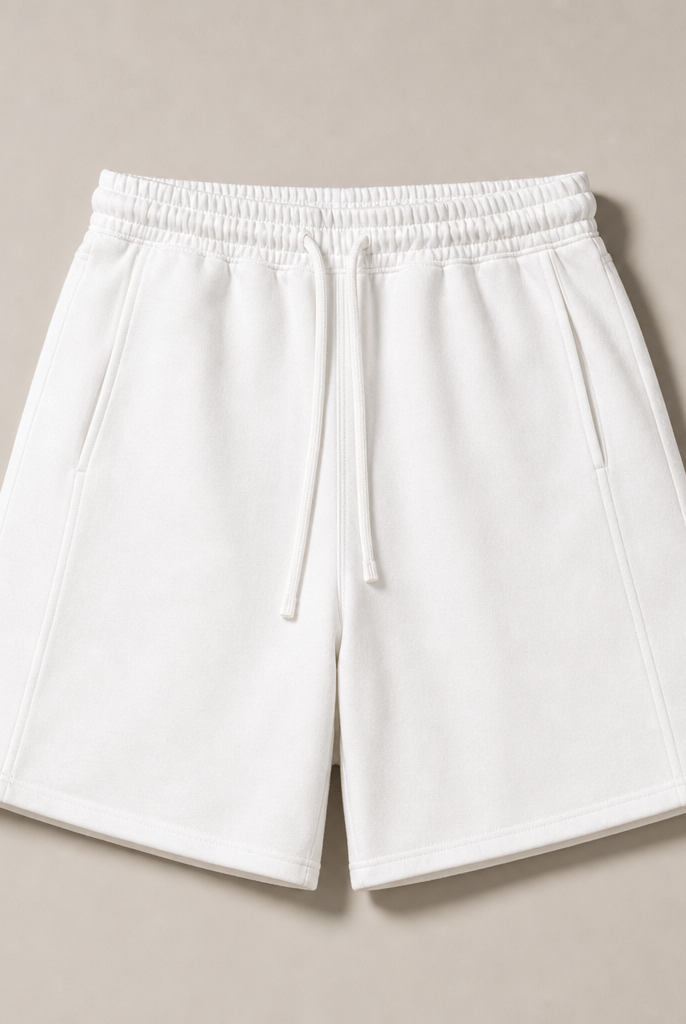 Mingstreet ASC launch still-life | RARELY ALIKE | Cotton Drawstring Sweat Shorts | White | generated_missing_still_life_expansion