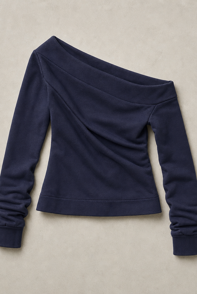 Mingstreet ASC launch still-life | RARELY ALIKE | Asymmetric Off Shoulder Sweatshirt | Navy Blue | generated_missing_still_life_expansion