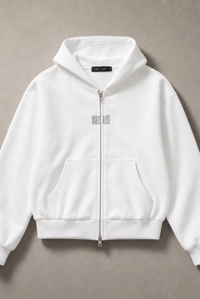Mingstreet ASC launch still-life | RARELY ALIKE | Cinched Waist Logo Zip Up Hoodie | White | generated_missing_still_life_expansion