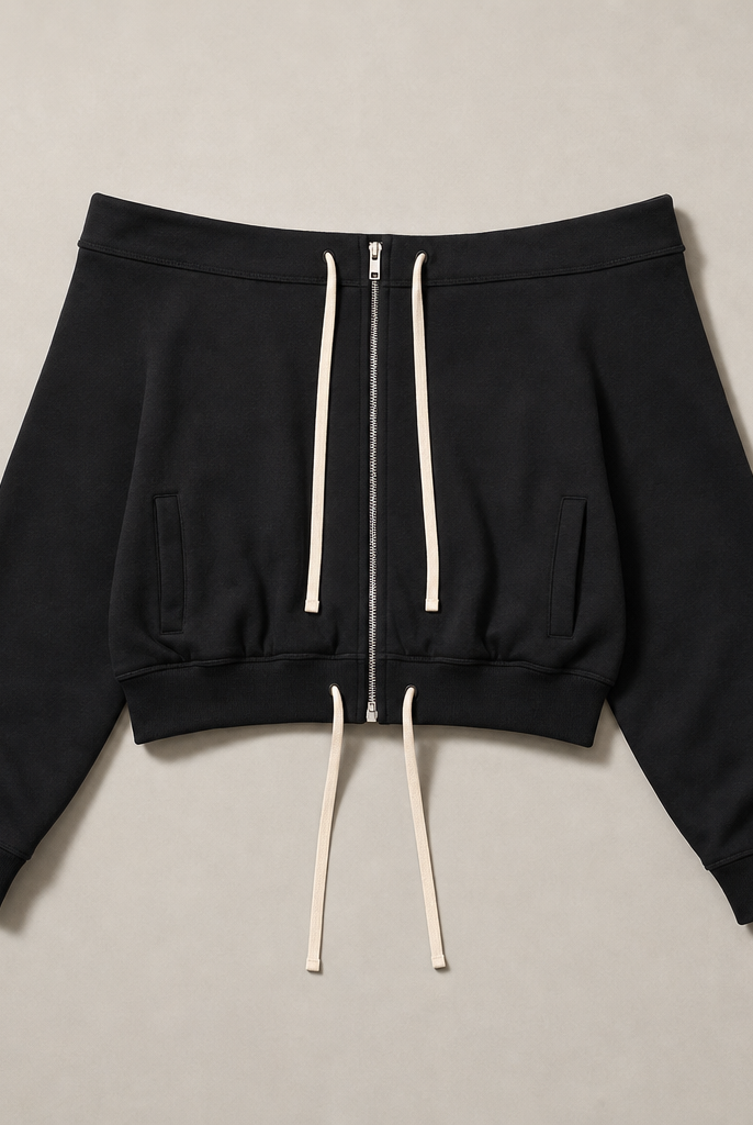 Mingstreet ASC launch still-life | RARELY ALIKE | Off Shoulder Zip Up Sweatshirt | Black | generated_missing_still_life_expansion