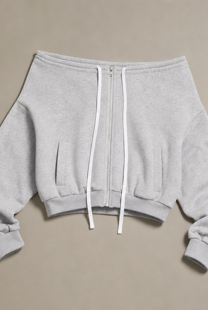Mingstreet ASC launch still-life | RARELY ALIKE | Off Shoulder Zip Up Sweatshirt | Gray | generated_missing_still_life_expansion