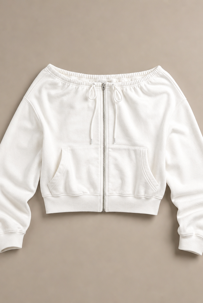 Mingstreet ASC launch still-life | RARELY ALIKE | Off Shoulder Zip Up Sweatshirt | White | generated_missing_still_life_expansion