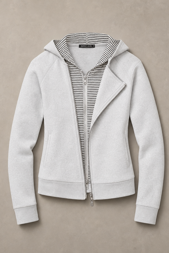 Mingstreet ASC launch still-life | RARELY ALIKE | Asymmetric Layered Color Block Hoodie | Light Gray | generated_missing_still_life_expansion