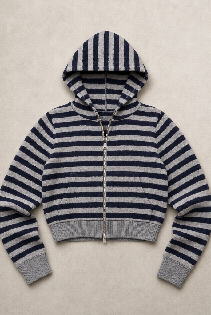 Mingstreet ASC launch still-life | RARELY ALIKE | Cropped Striped Zip Up Hoodie | Navy | generated_missing_still_life_expansion