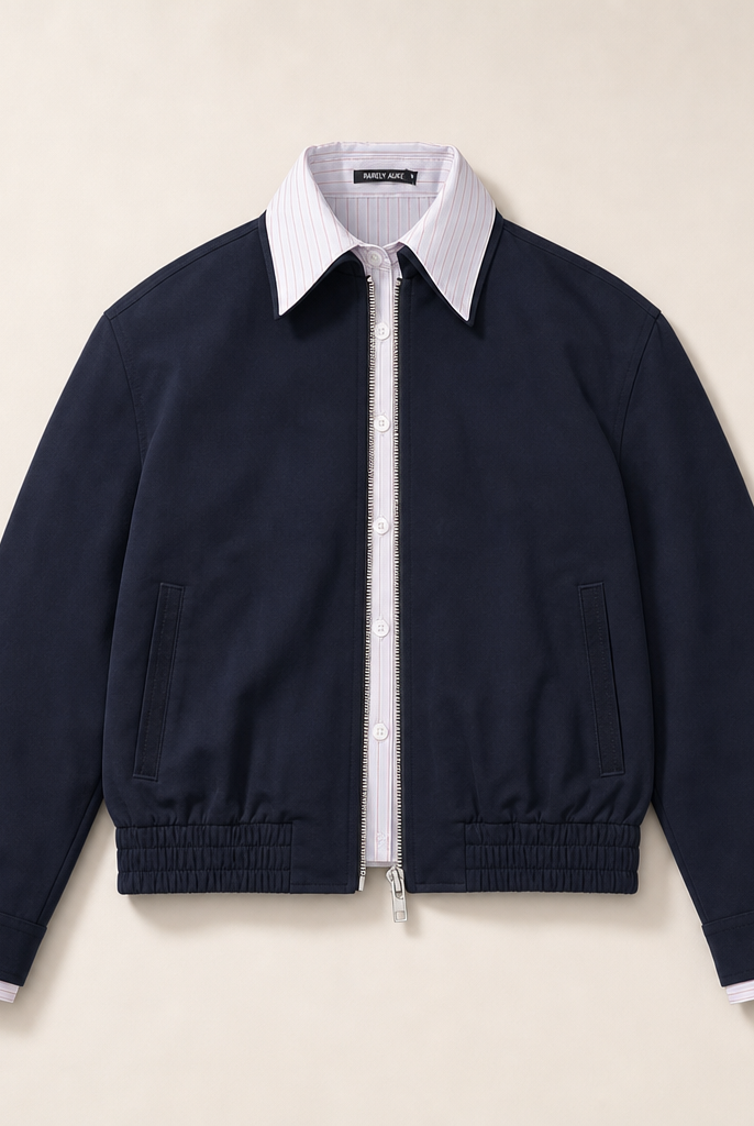 Mingstreet ASC launch still-life | RARELY ALIKE | Mock Layer Striped Cropped Jacket | Navy Blue | generated_missing_still_life_expansion