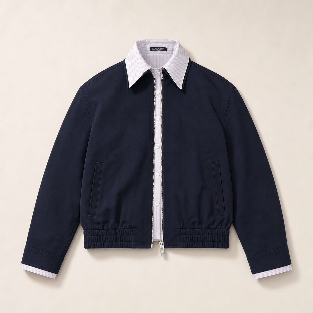 Mingstreet ASC launch still-life | RARELY ALIKE | Mock Layer Striped Cropped Jacket | Navy Blue | generated_missing_still_life_expansion