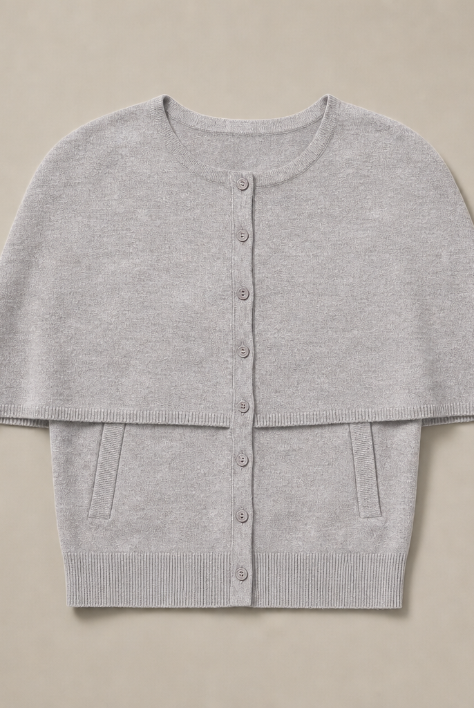 Mingstreet ASC launch still-life | RARELY ALIKE | Mock Two Piece Cape Knit Cardigan | Gray | generated_missing_still_life_expansion