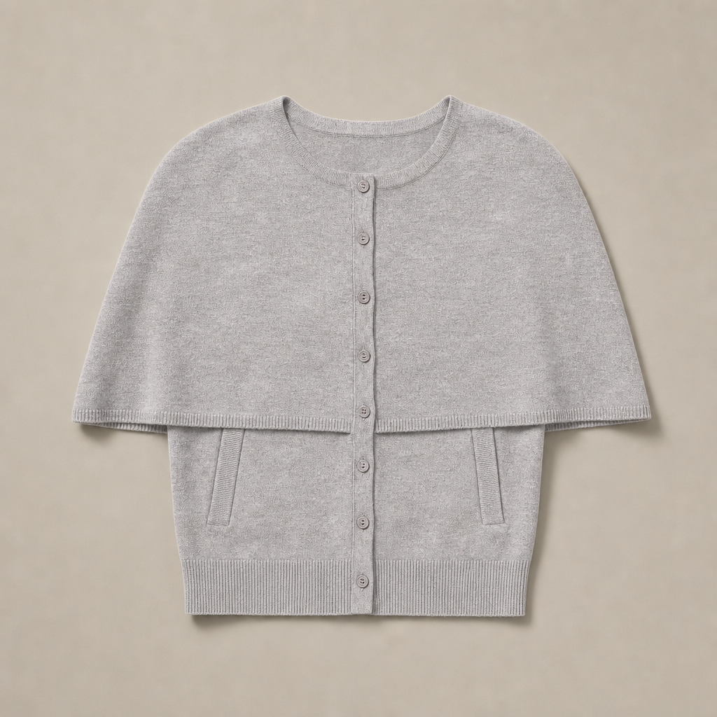 Mingstreet ASC launch still-life | RARELY ALIKE | Mock Two Piece Cape Knit Cardigan | Gray | generated_missing_still_life_expansion