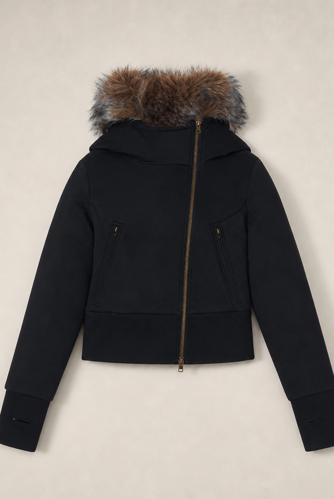 Mingstreet ASC launch still-life | RARELY ALIKE | Asymmetrical Faux Fur Trim Padded Jacket | Black | generated_missing_still_life_expansion