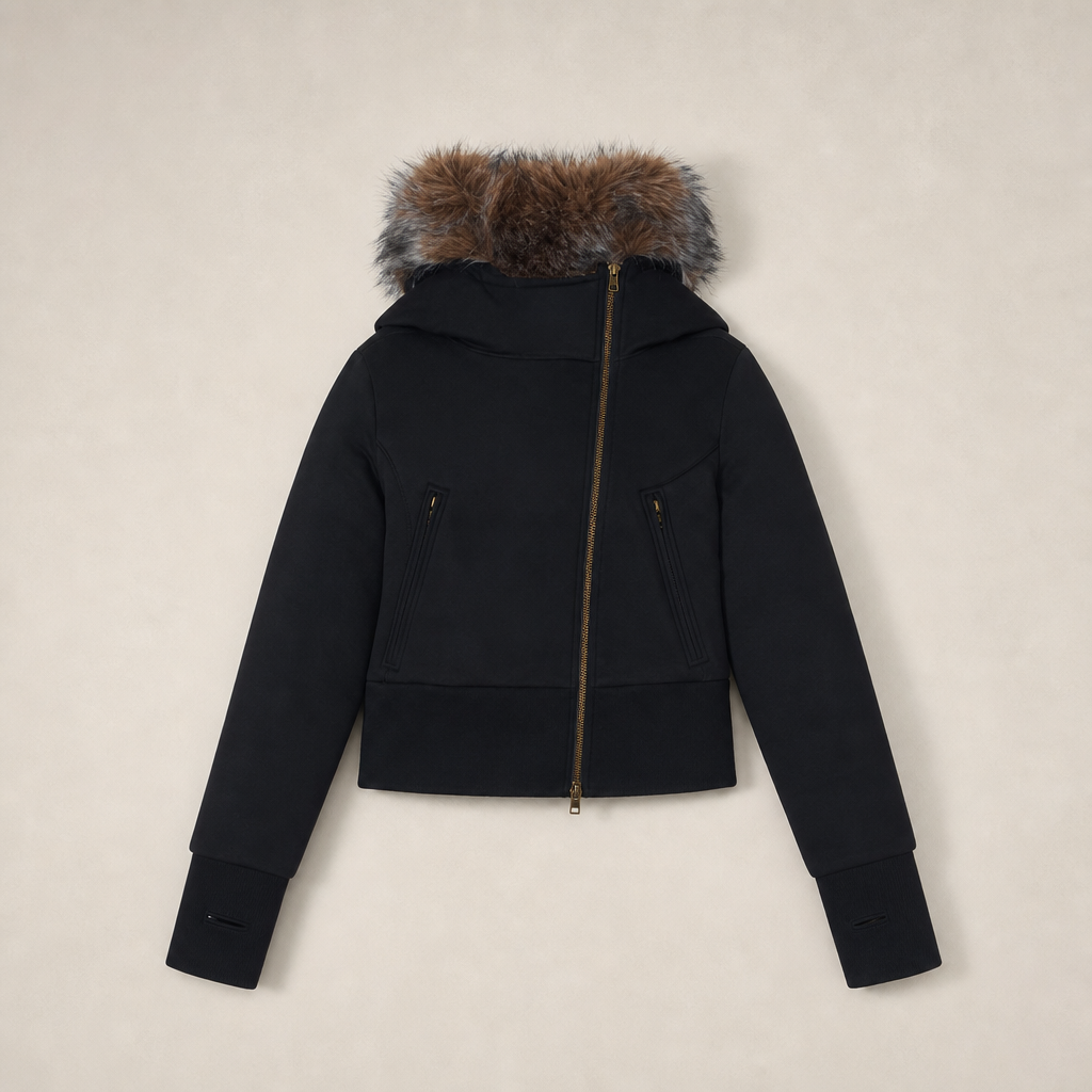 Mingstreet ASC launch still-life | RARELY ALIKE | Asymmetrical Faux Fur Trim Padded Jacket | Black | generated_missing_still_life_expansion