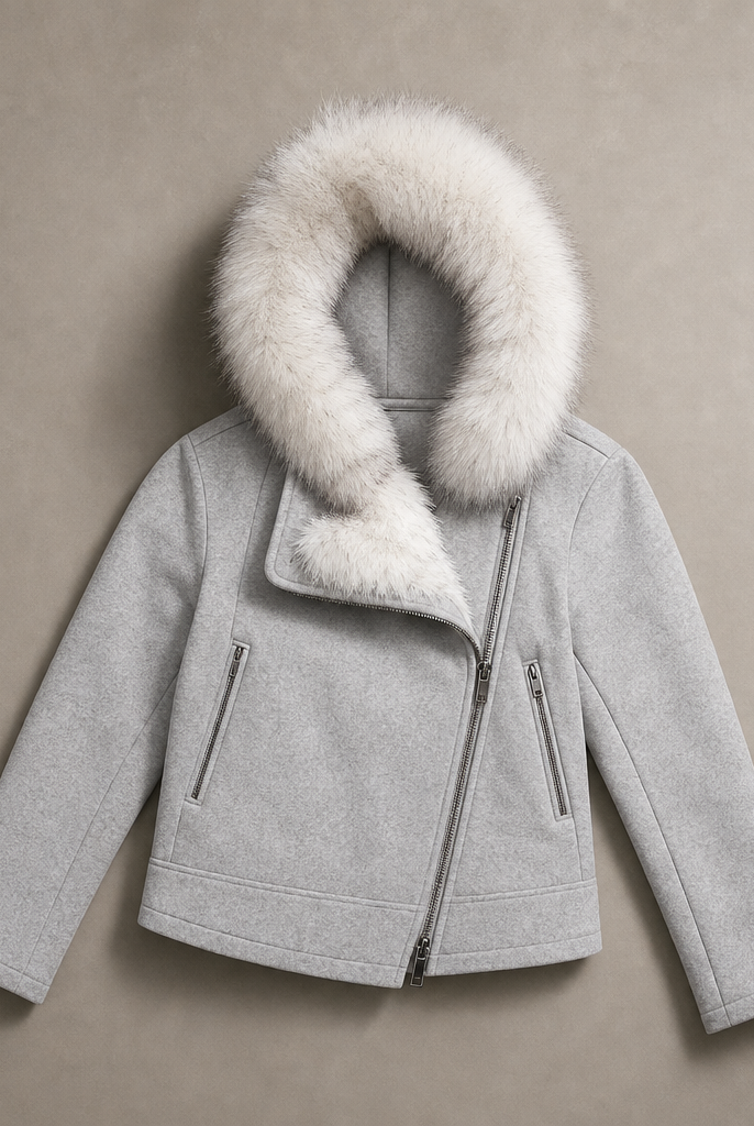 Mingstreet ASC launch still-life | RARELY ALIKE | Asymmetrical Faux Fur Trim Padded Jacket | Gray | generated_missing_still_life_expansion