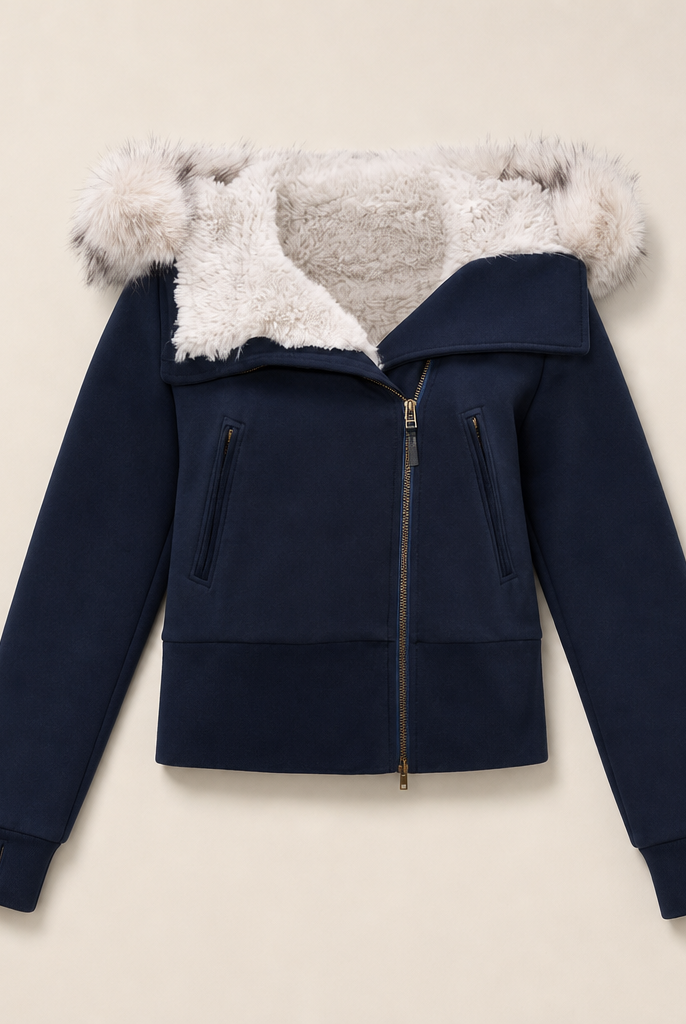 Mingstreet ASC launch still-life | RARELY ALIKE | Asymmetrical Faux Fur Trim Padded Jacket | Navy Blue | generated_missing_still_life_expansion