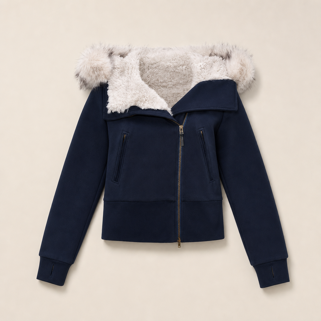 Mingstreet ASC launch still-life | RARELY ALIKE | Asymmetrical Faux Fur Trim Padded Jacket | Navy Blue | generated_missing_still_life_expansion