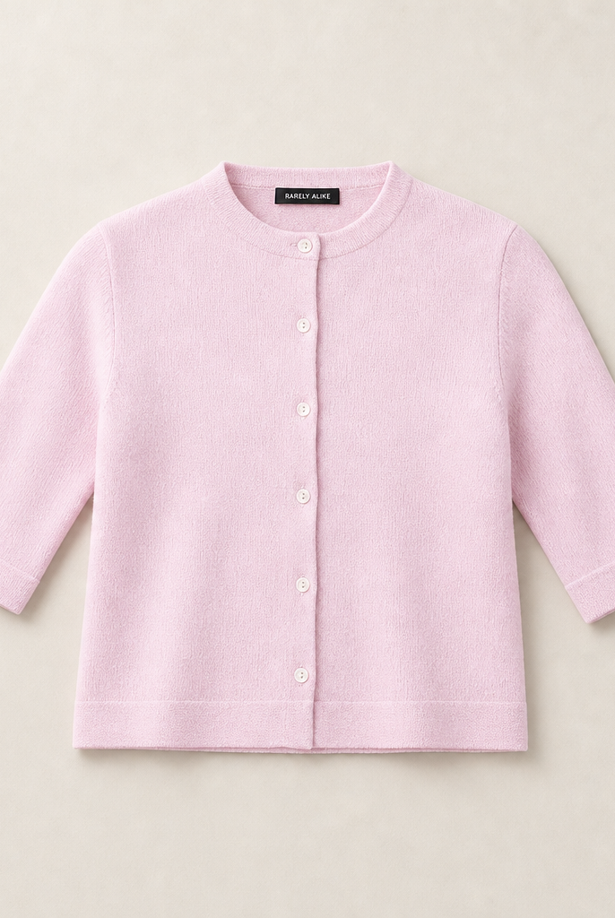 Mingstreet ASC launch still-life | RARELY ALIKE | Pure Wool Half Sleeve Cardigan | Pink | generated_missing_still_life_expansion