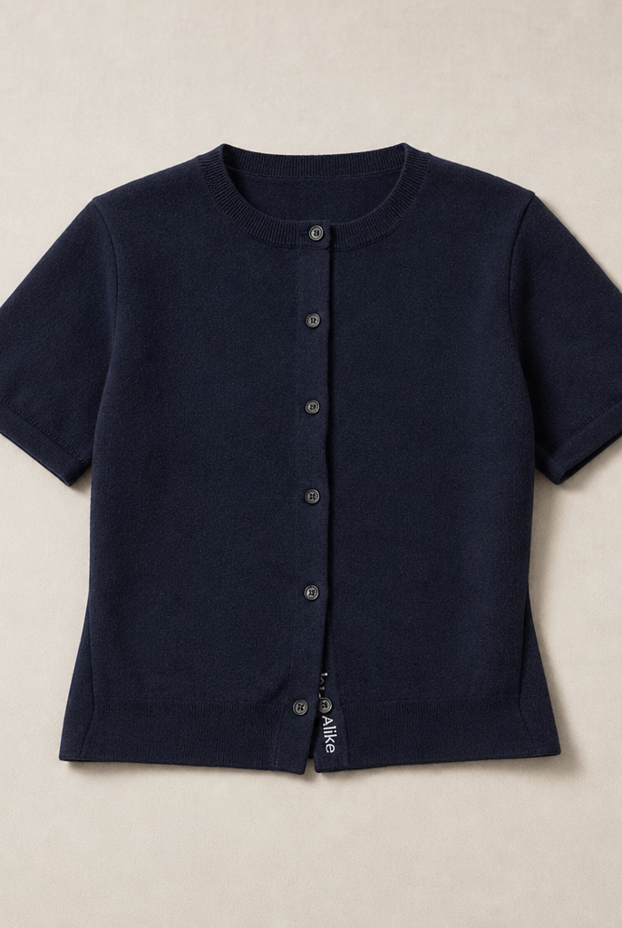 Mingstreet ASC launch still-life | RARELY ALIKE | Pure Wool Short Sleeve Cardigan | Navy Blue | generated_missing_still_life_expansion
