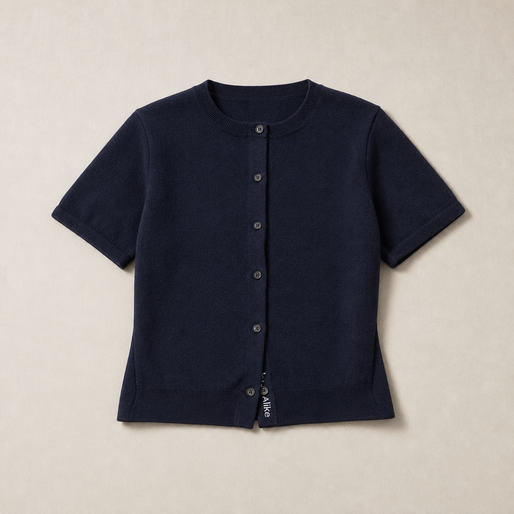 Mingstreet ASC launch still-life | RARELY ALIKE | Pure Wool Short Sleeve Cardigan | Navy Blue | generated_missing_still_life_expansion