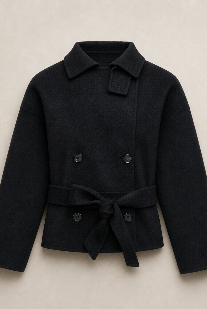 Mingstreet ASC launch still-life | RARELY ALIKE | Belted Double Breasted Short Wool Coat | Black | generated_missing_still_life_expansion