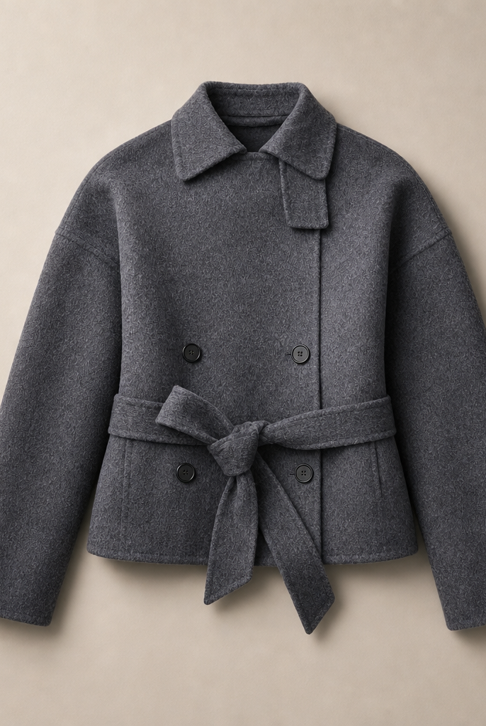Mingstreet ASC launch still-life | RARELY ALIKE | Belted Double Breasted Short Wool Coat | Gray | generated_missing_still_life_expansion