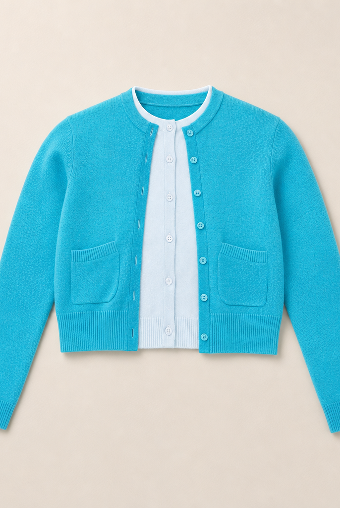 Mingstreet ASC launch still-life | RARELY ALIKE | Wool Color Block Layered Cardigan | Blue | generated_missing_still_life_expansion