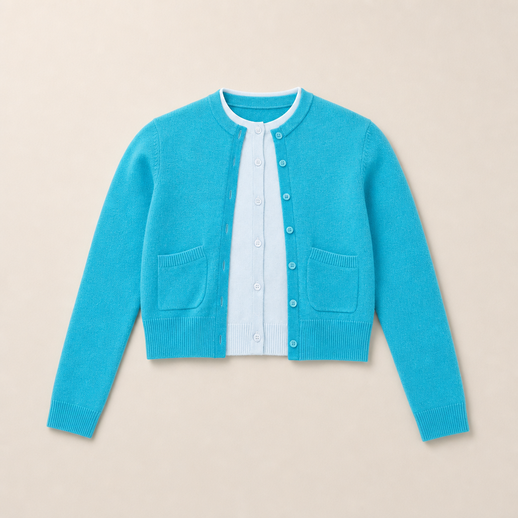 Mingstreet ASC launch still-life | RARELY ALIKE | Wool Color Block Layered Cardigan | Blue | generated_missing_still_life_expansion