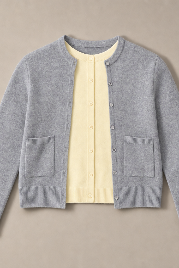 Mingstreet ASC launch still-life | RARELY ALIKE | Wool Color Block Layered Cardigan | Gray | generated_missing_still_life_expansion