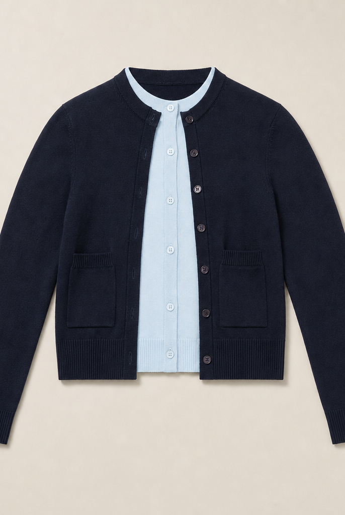 Mingstreet ASC launch still-life | RARELY ALIKE | Wool Color Block Layered Cardigan | Navy Blue | generated_missing_still_life_expansion