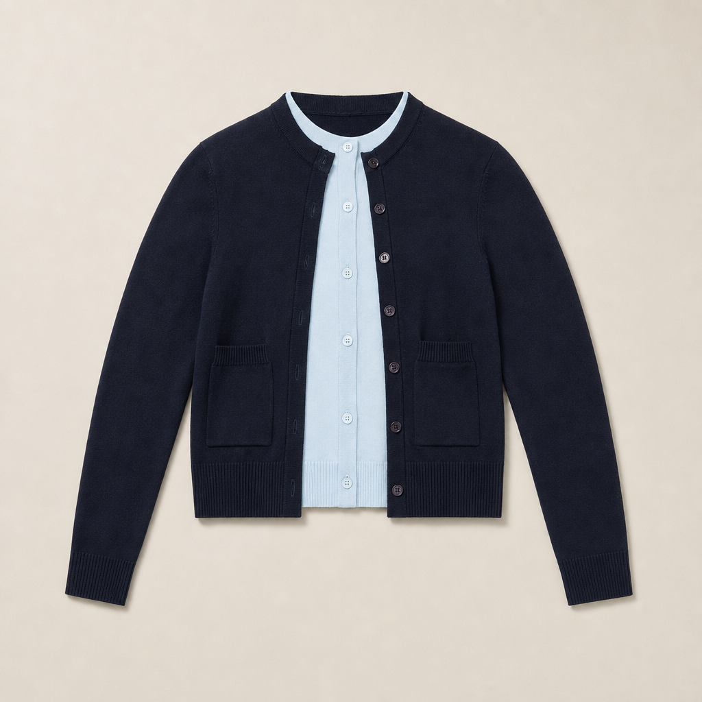 Mingstreet ASC launch still-life | RARELY ALIKE | Wool Color Block Layered Cardigan | Navy Blue | generated_missing_still_life_expansion