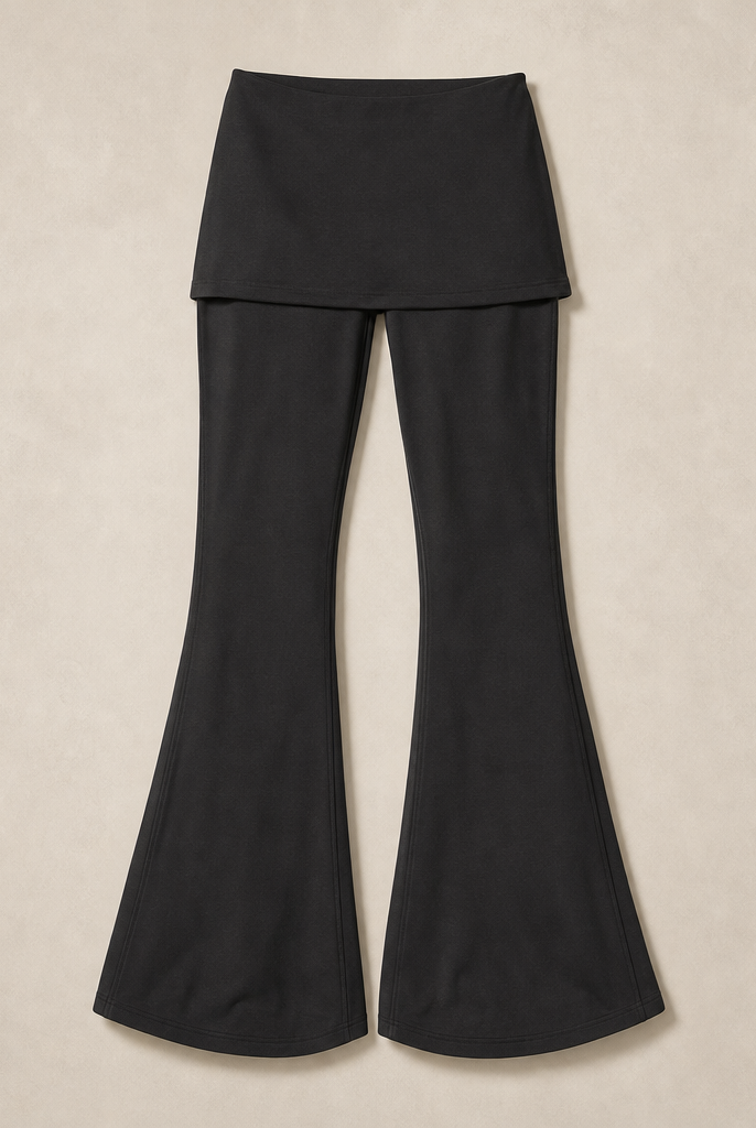 Mingstreet ASC launch still-life | RARELY ALIKE | Low Rise Layered Flared Yoga Pants | Black | generated_missing_still_life_expansion