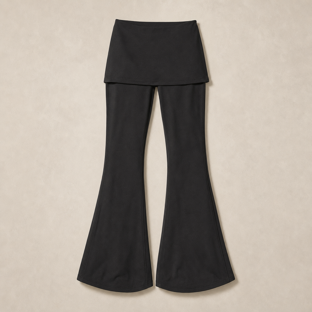 Mingstreet ASC launch still-life | RARELY ALIKE | Low Rise Layered Flared Yoga Pants | Black | generated_missing_still_life_expansion
