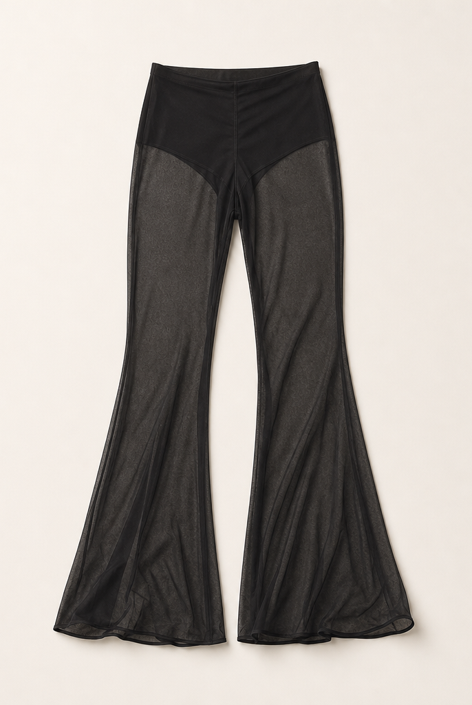 Mingstreet ASC launch still-life | RARELY ALIKE | Semi Sheer Mesh Flared Pants | Black | generated_missing_still_life_expansion